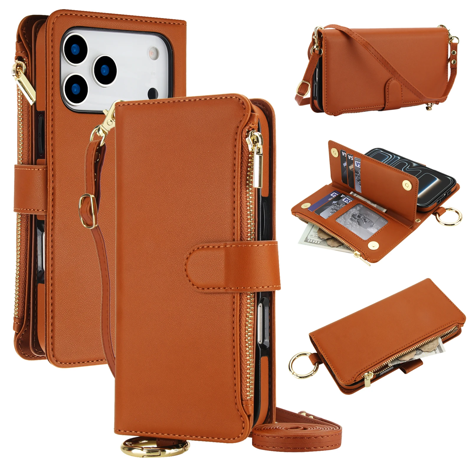 Luxury Lanyard Crossbody Zipper Leather Ring Wallet Card Phone Case For IPhone 18 17 16 15 14 13 12 11 Pro Max Plus Promax Cover
