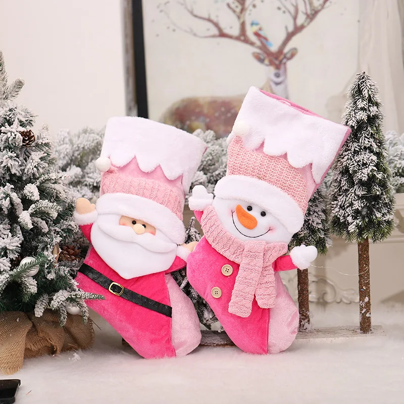 

Christmas Decorations 2024 3D Old Man Snowman Figure Hands Up Christmas Socks White Edge Pink Candy Bag Gift Gift Bag Pendant