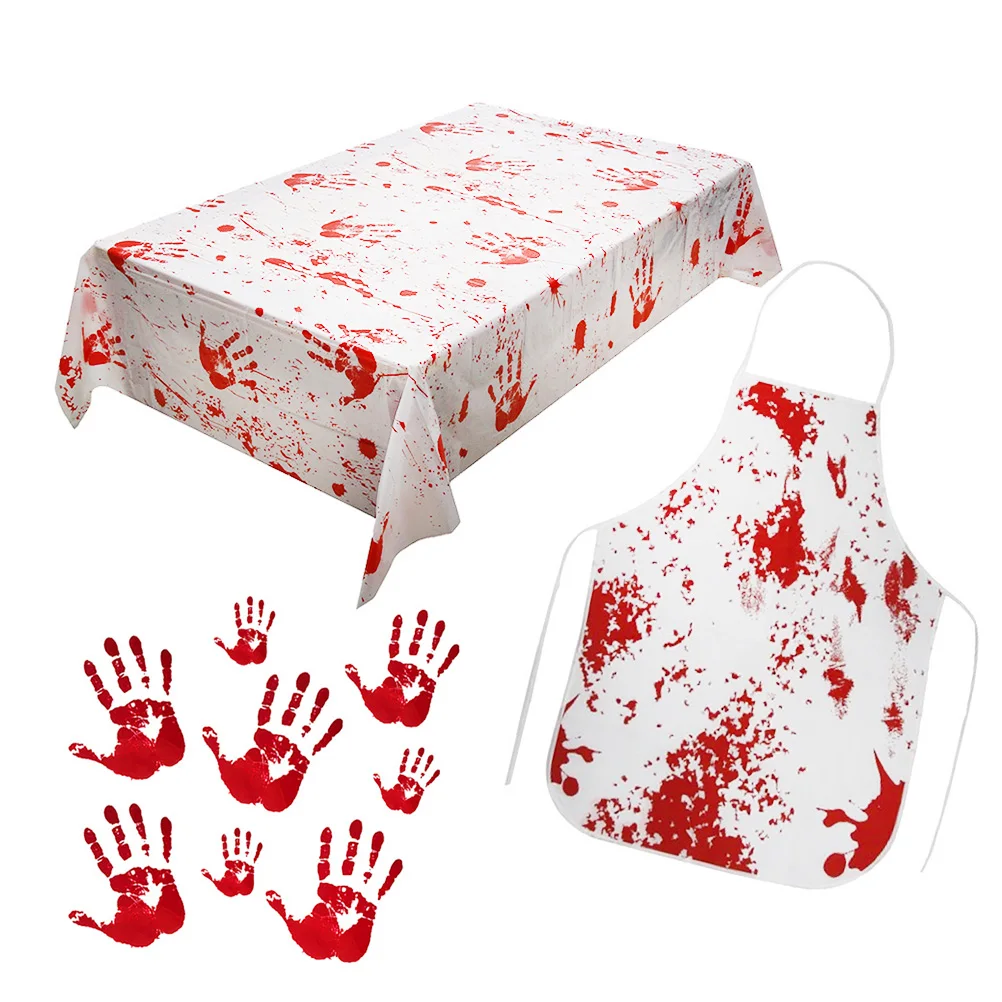 

3 Pcs Horror Decorations Bloody Handprint Tablecloth Halloween Apron Cover Blood Sticker Scary Atmosphere Party Home Garden