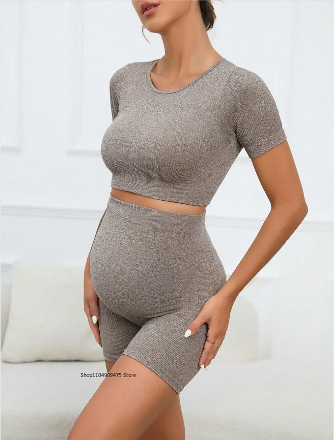 Women's Maternity 2 Piece Seamless Short Sleeve Crop Top Legging Sets Workout Casual fitness clothing women womens clothing