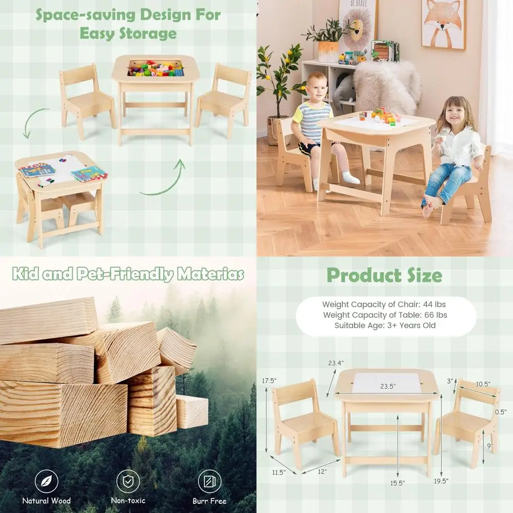 

3-in-1 Natural Wooden Activity Table Set for Kids, Includes Removable Tabletop, Blackboard, Whiteboard, Ideal for Arts, Crafts,