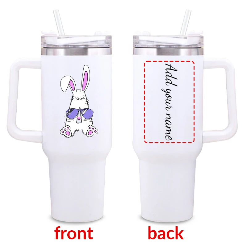 1pc 40oz Customized Name Stainless Steel Water Tumbler With Handle White Color Print Easter Bunny Insulated Outdoor Travel Cup