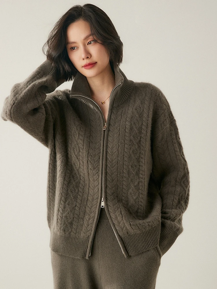 Heavyweight Women 100% Cashmere Sweater Cable Knitting Cardigan Luxury Vintage Style Thick Cashmere Knitwear Autumn Winter Tops