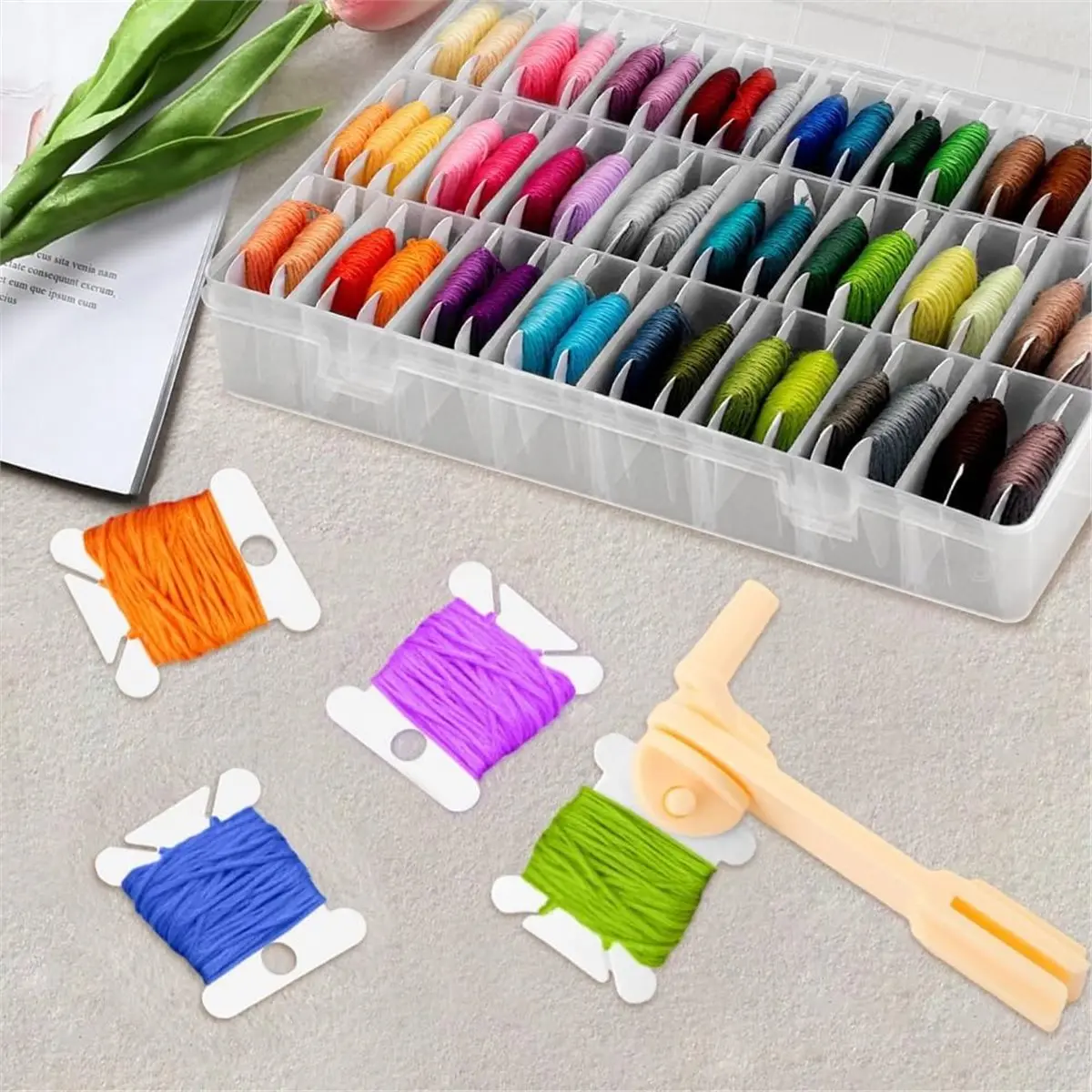 DT38 Embroidery Floss Organizer Storage Box Tools, 1 Bobbin Winde-R, 1 Removable 24 Compartments for Craft DIY Embroidery