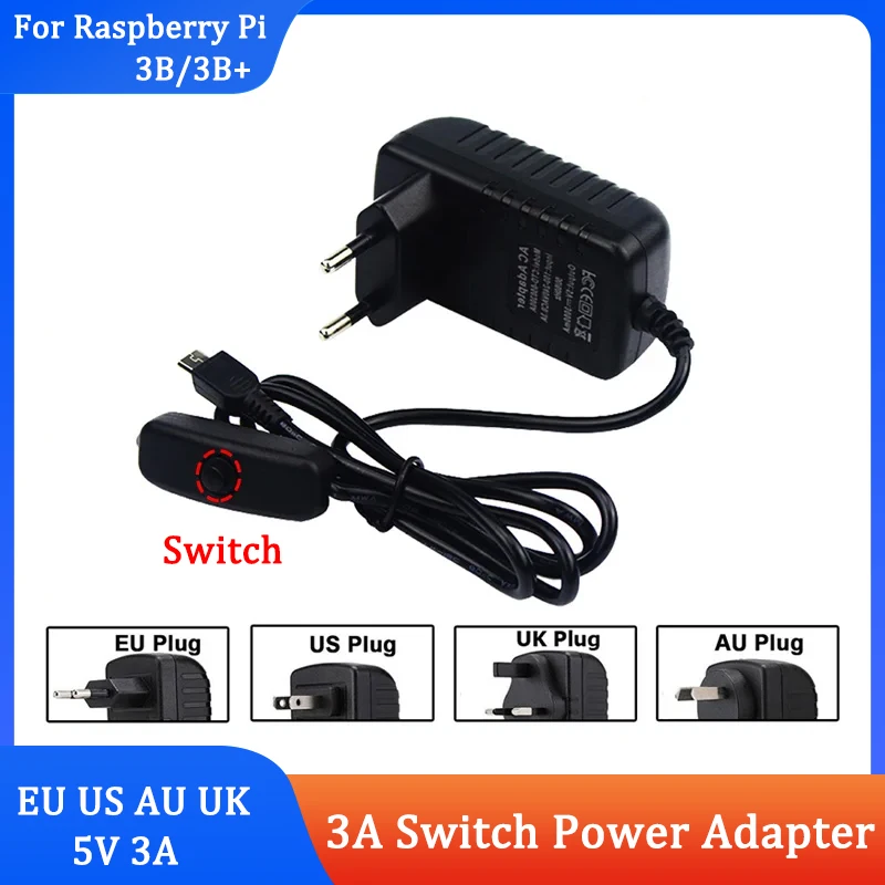 Raspberry Pi 3 B Plus Power Adapter 5V 3A EU US AU UK Power Supply ON OFF Switch Charger Connector for Raspberry Pi 3 Model B