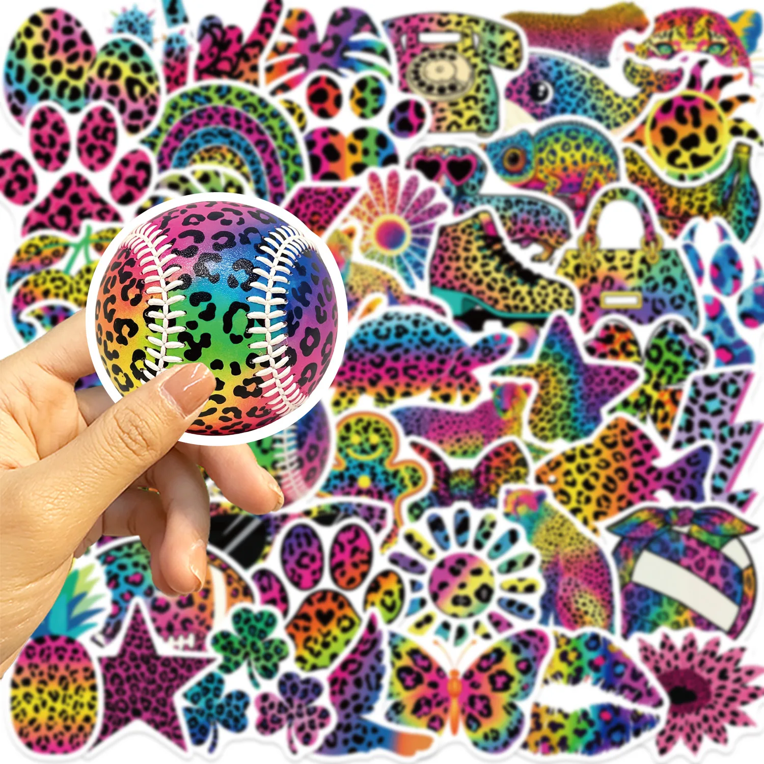 50 PCS Cartoon Colorful Leopard Pattern Mix Match Stickers Pack Decorate Luggage Helmet Skateboard Fridge Vinyl Decals