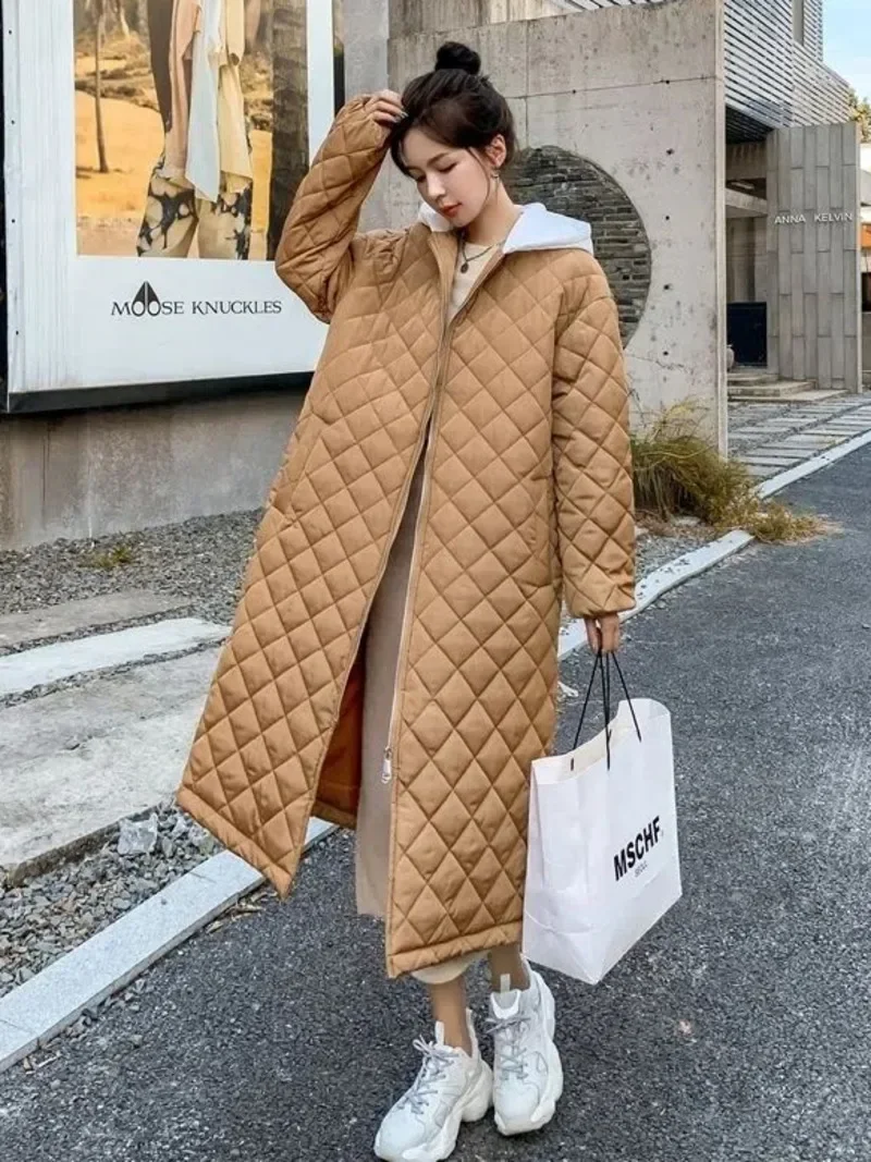 

2023 Autumn and Winter New Plaid Long Korean Version Loose Hooded Down Padded Jacket Trendy Coat