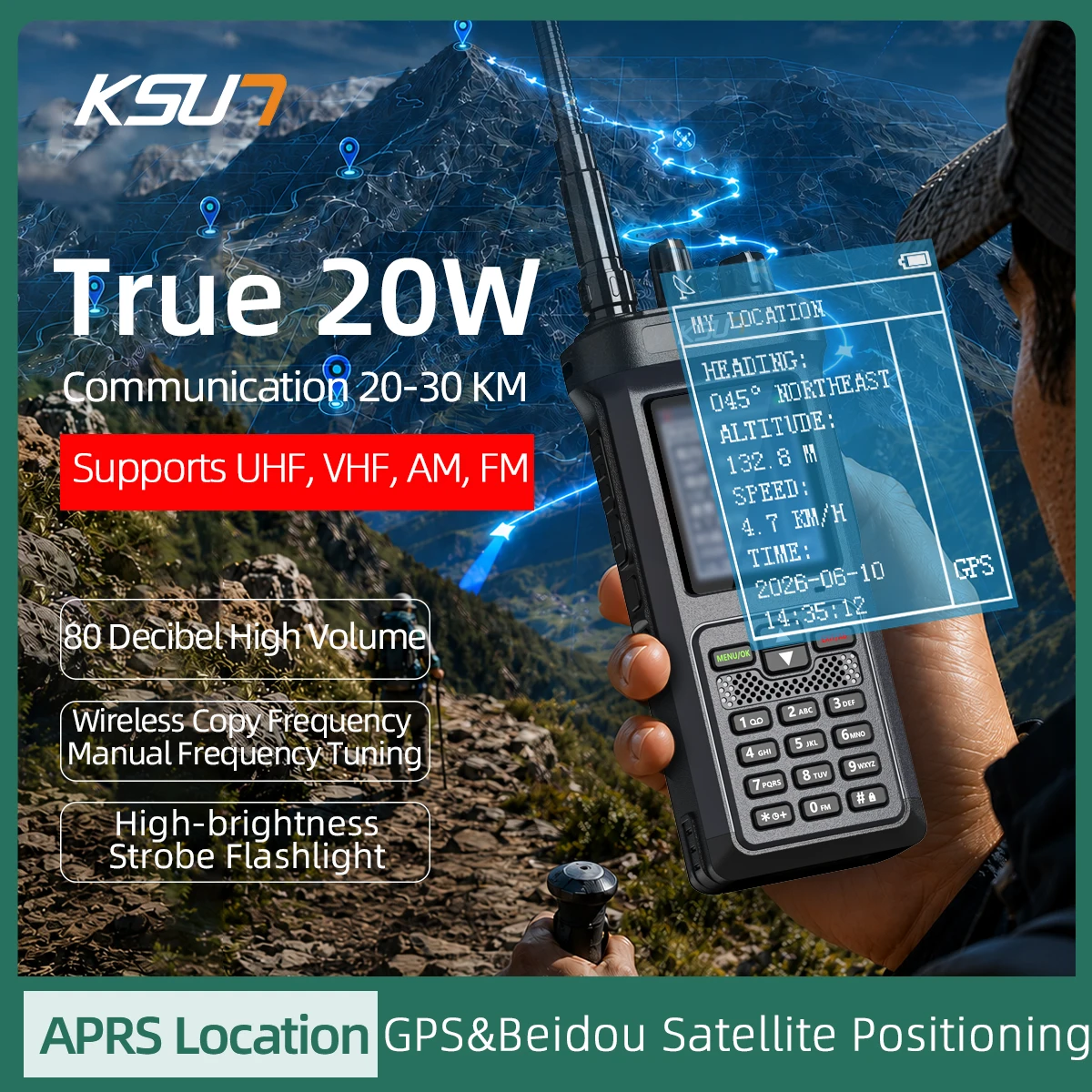 Rádio comunicador portátil KSUN UV122D de 20W de alta potência com recepção UV para aviação AM/NOAA de longo alcance.