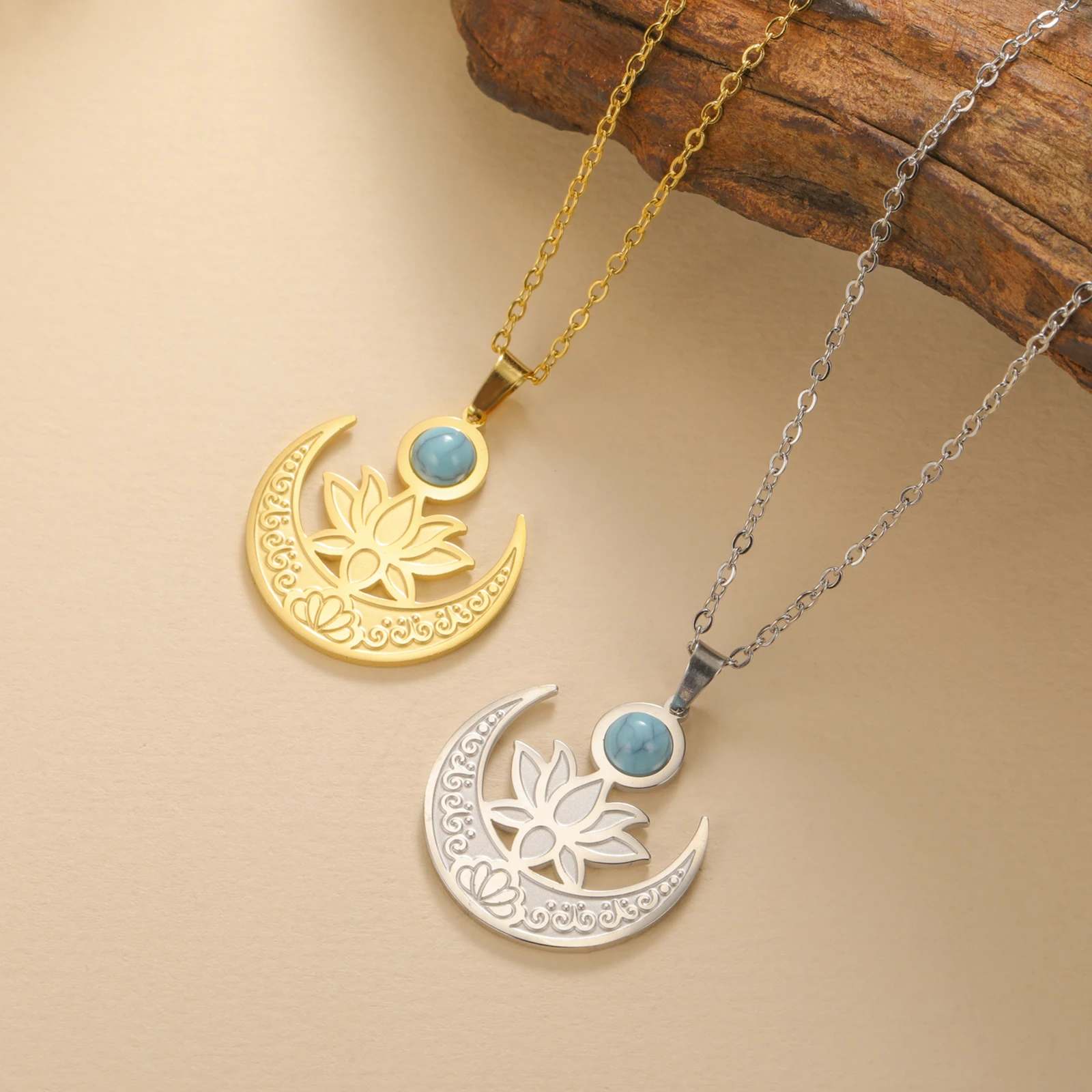 Skyrim Lotusblume Halbmond Türkis Anhänger Halsketten Damen Edelstahl Amulett Buddhistischer Schmuck Geburtstagsgeschenk