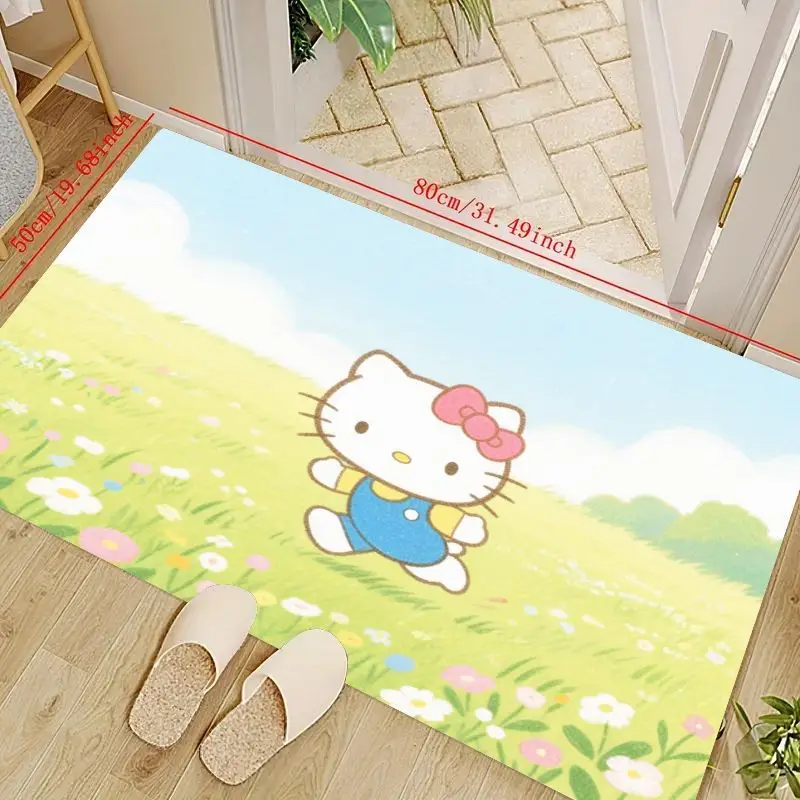 1pc bonito kawaii olá kitty sanrio anime personagem tapete, verde vibrante prado & flor design antiderrapante área tapete (50x80cm/19