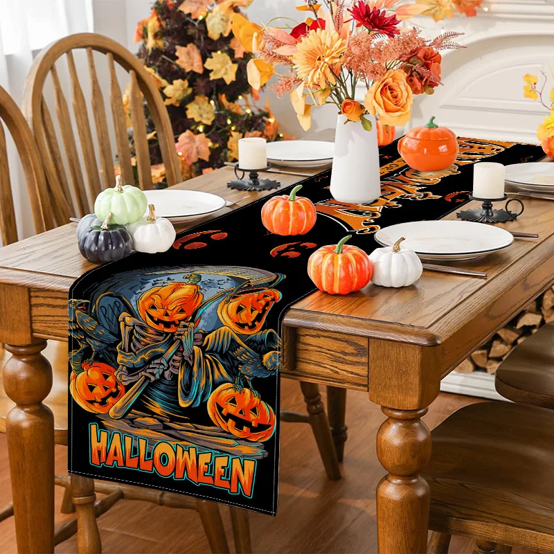 New Halloween Linen Table Flag Pumpkin Skull Print Tablecloth Holiday Party Decoration Tablecloth Tea Flag