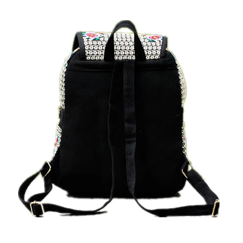 Vintage Floral Embroidered Canvas Backpack Casual Ethnic Girls Rucksack with Multi Pockets Flap Schoolbag Travel Bag for Ladies
