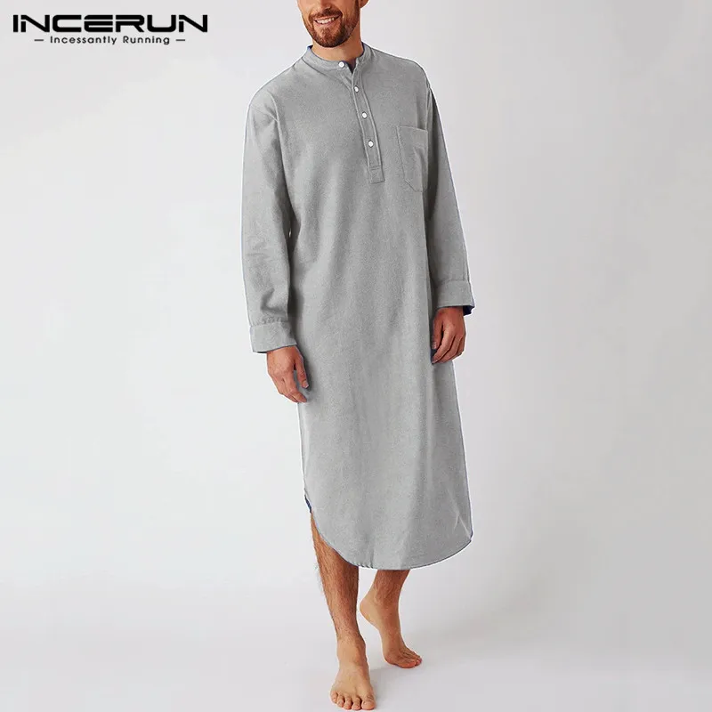 INCERUN Men\'s Sleep Robes Solid Color Long Sleeve O-neck Leisure Nightgown Mens Homewear 2024 Cotton Comfort Bathrobes Plus Size