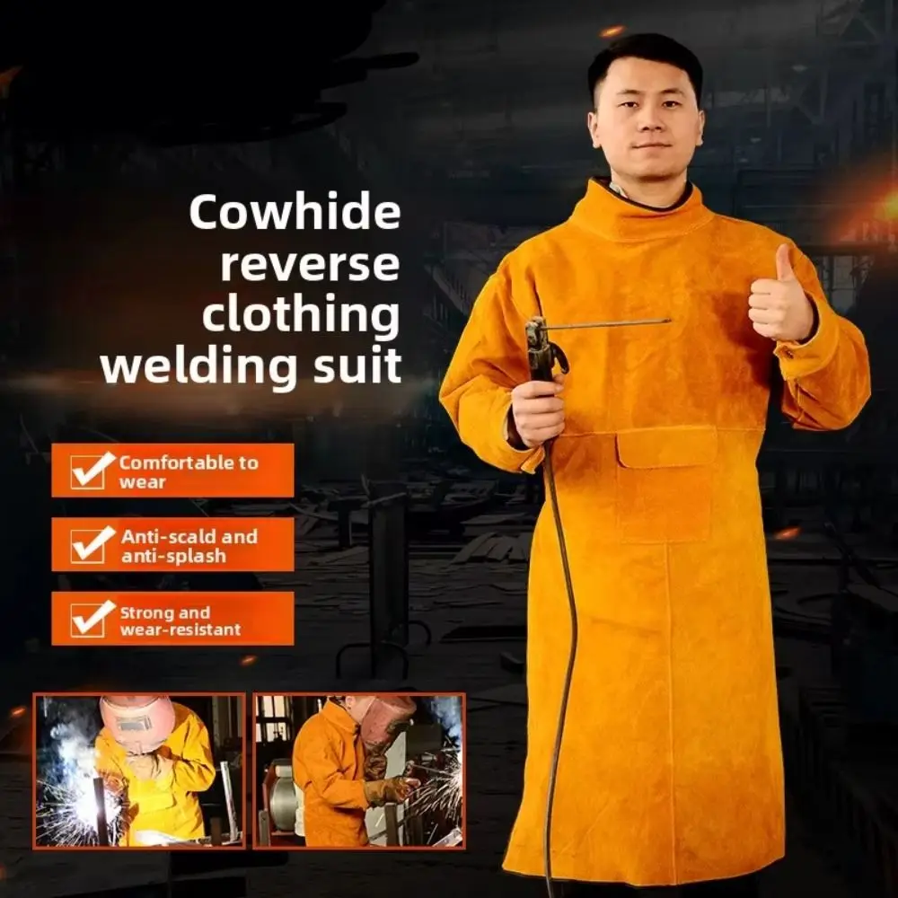 Cowhide Leather Welding Clothes Long Sleeve Flame Retardant Welding Work Clothes High Collar Wear Resistant Welding Suit
