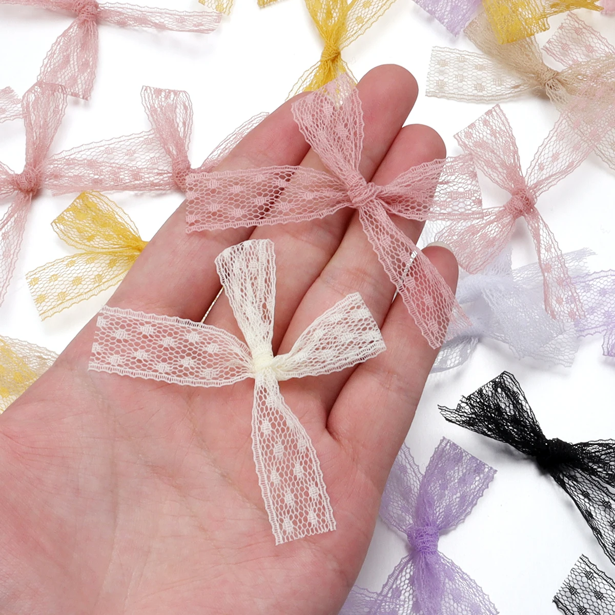 20Pcs/Lot 5*6cm Bilateral Embroidered Net Lace Trim Ribbon Bows Handmade For DIY Sewing Crafts Handwork Gift Party Wedding Decor