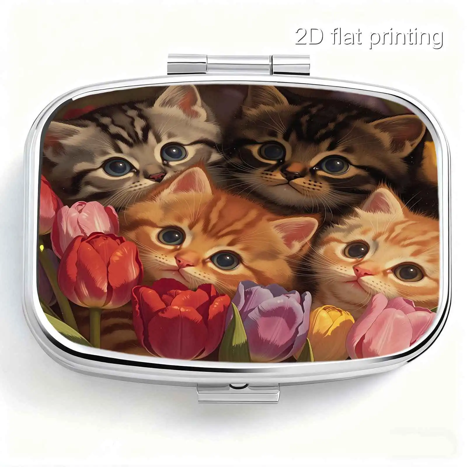Portable Metal Material, Square Design with Tulip Flower and Four Kittens Print, Gentle Macaron Pastel Color Square Style Design, Portable Small Pill Box, Capsule Box, Pocket-Sized Pill Box, Compact Pill and Capsule Organizer with Compartments, Convenient for Storage, Ideal for Gift-Giving, Portable and Easy to Carry