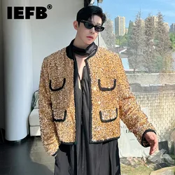 IEFB 2024 Autumn Gold Sequin Long Sleeve Round Neck Short Top Temperament Men's Clothing New Chic Contrast Color Jacket 9C7185