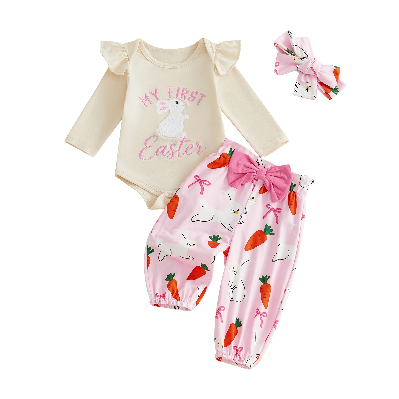 

Baby Girl Easter Outfit Bunny Ruffled Trim Crew Neck Long Sleeve Romper Pants and Bow Headband 3 Pcs Set