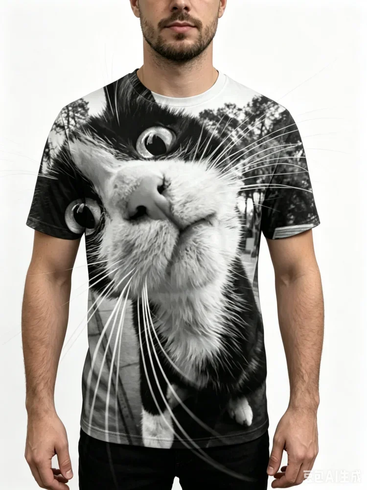 Modisches Herren 3D Tierdruck Schwarz-Weiß T-Shirt Lustiges T-Shirt Bestseller Sommer Neu Kurzarm Lässige Streetwear Oberteile