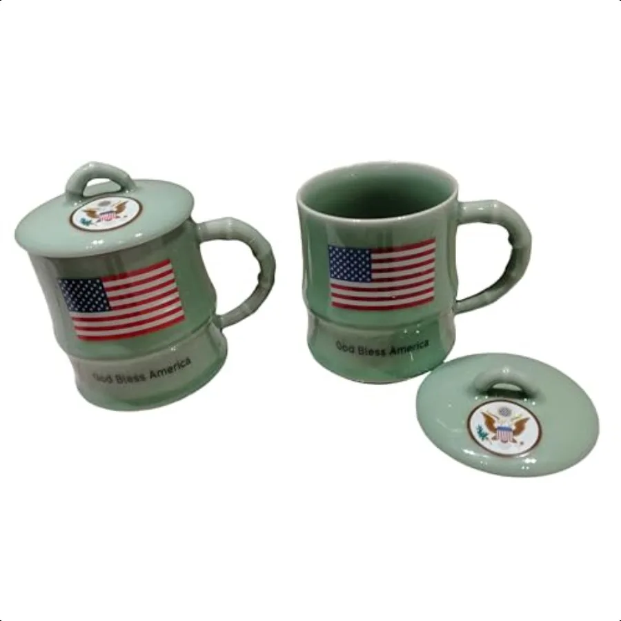 

Longquan Celadon Patriotic Mugs Set of 211oz Handcrafted Ceramic Coffee Cups with Eagle American Flag Design God Bl America Dis