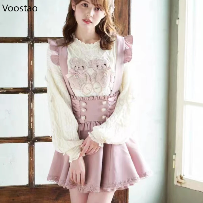 Rok Suspender pendek pita Lolita Gotik Jepang pita busur berlian mutiara gesper dapat dilepas rok Suspender anak perempuan manis lucu renda rok Mini A-Line