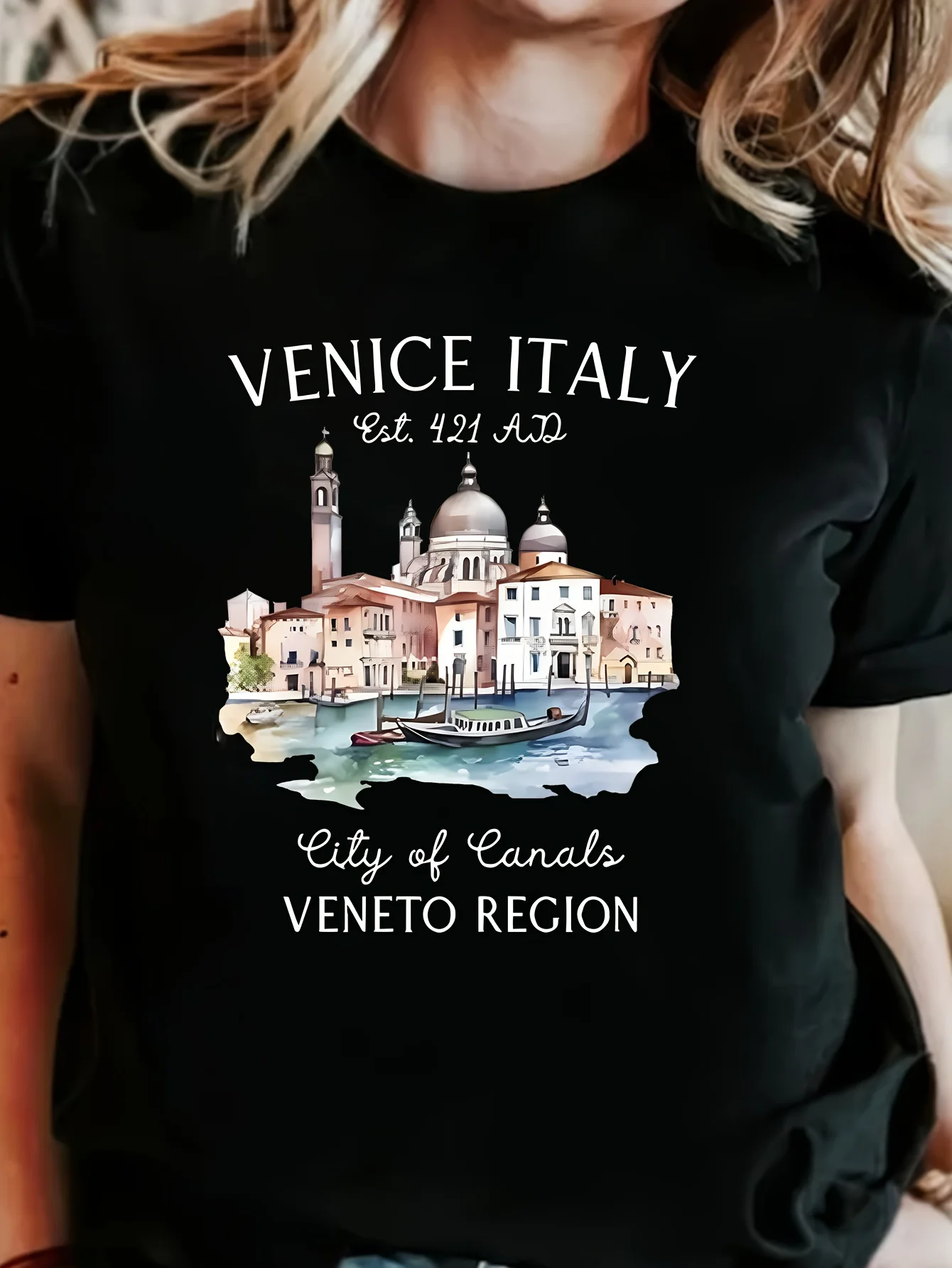 

С венецианскими зданиями, сезонная повседневная одежда, дорожная тематическая одежда, женская Венеция, Италия, графический полиэстер, белая эстетичная одежда