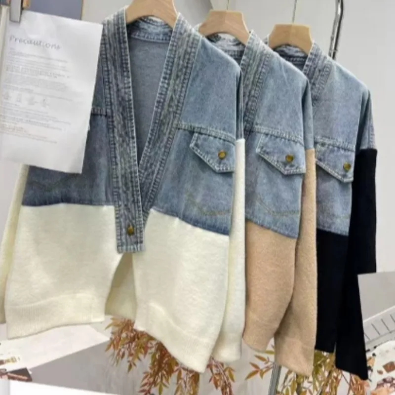 Outono inverno manga longa botão versátil curto malha topos popular versão coreana feminino denim retalhos elegante cardigan camisola