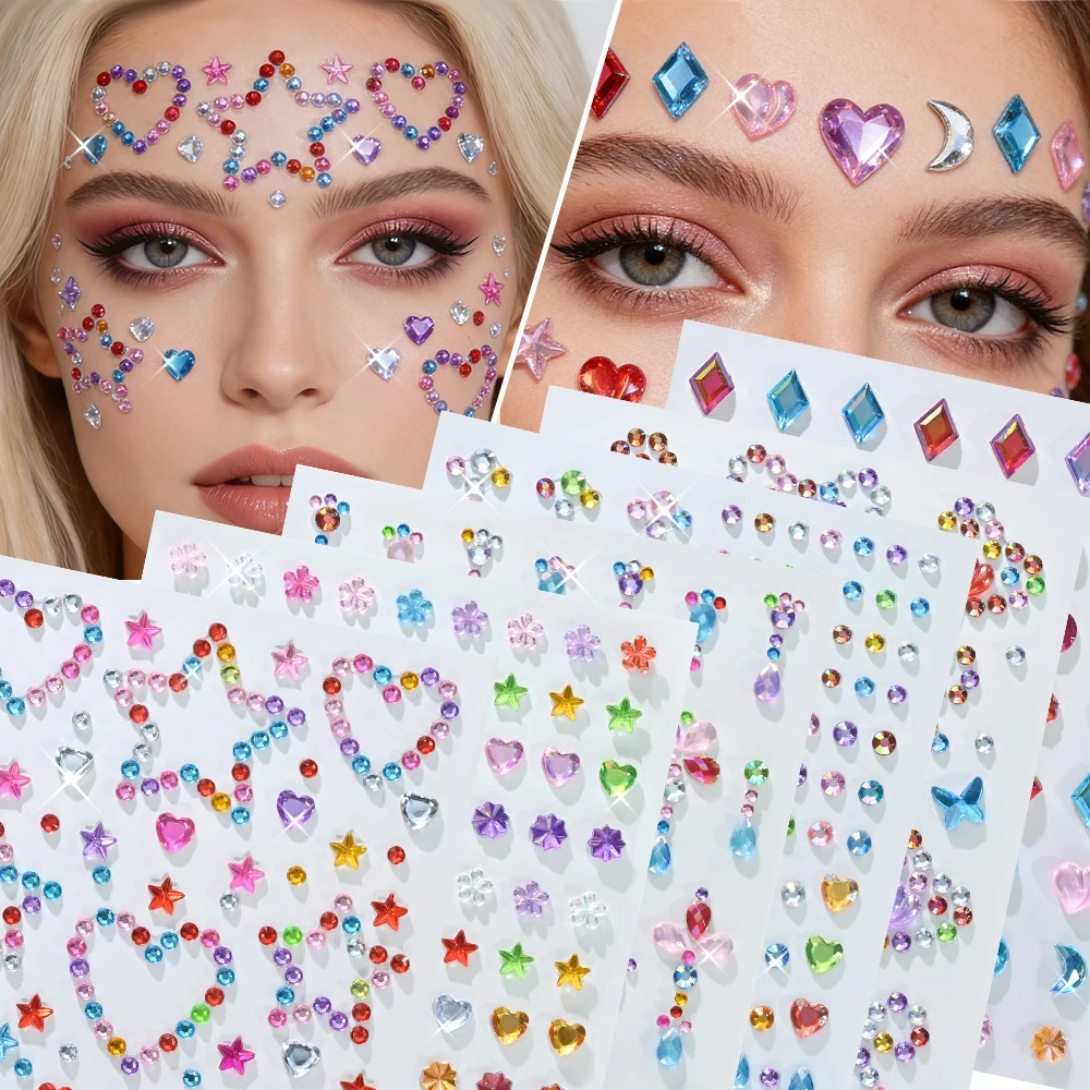 6Pcs 3D Colorful Gems Face Tattoo Sticker Mixed Round Heart Butterfly Star Moon Diamond Decals for Party Body Eyes Makeup Decor