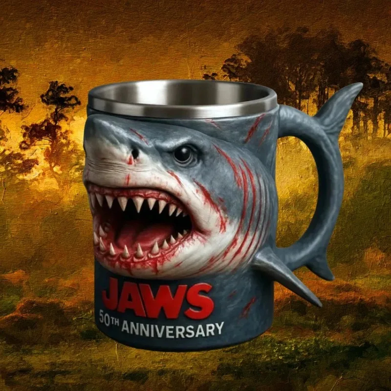

Great White Shark Mug, 50th Anniversary 3D Coffee cup, stainless steel inner lining, creative ocean-themed cup, home decoration