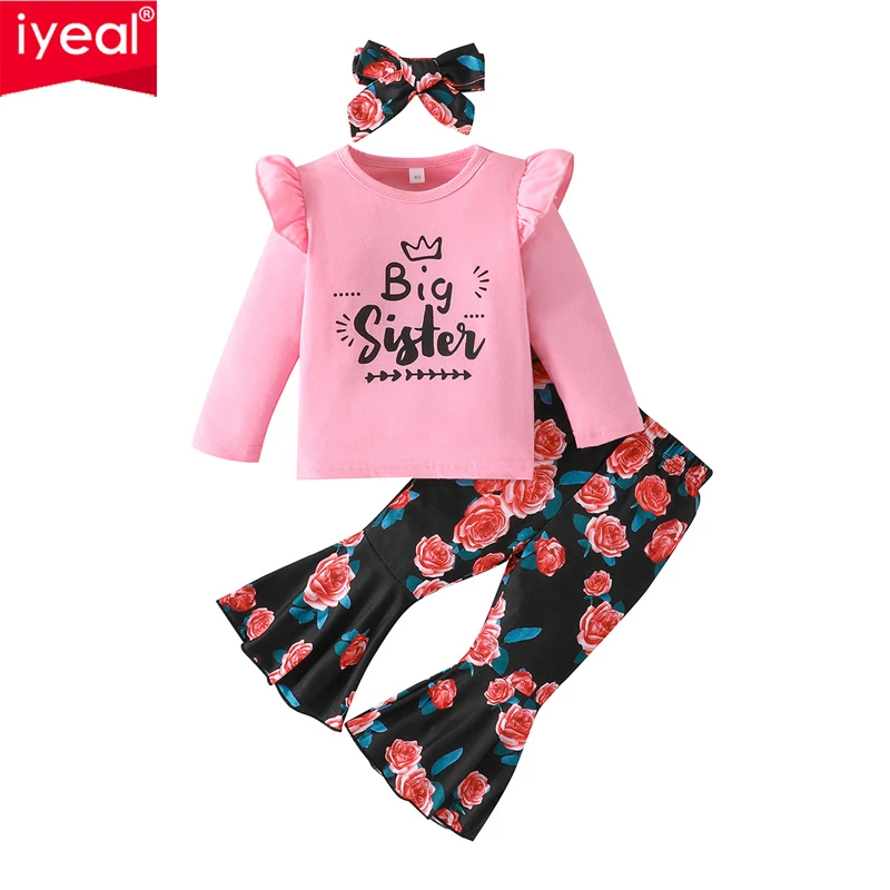 

IYEAL Baby Girls' Spring and Autumn Flower Printed Clothing Set Letter Long Sleeve Top+Flower Flare Pants+Headband 3 Pcs