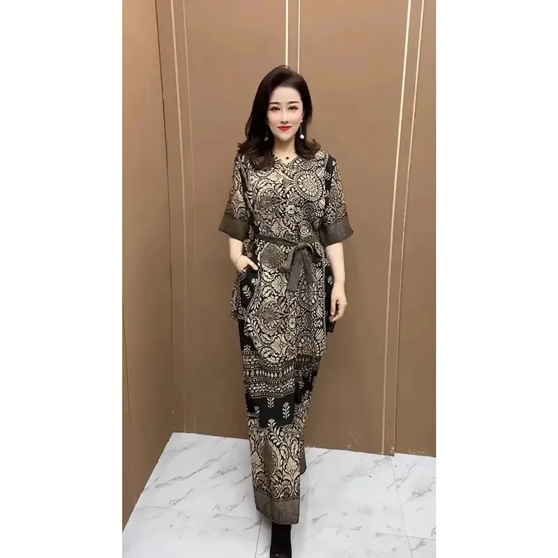 

2025 New Wide Leg Trouser Set Middle and Elderly Loose Mom's Wear Your Lady's High end Fashion Ethnic Style women Two Piece Sets