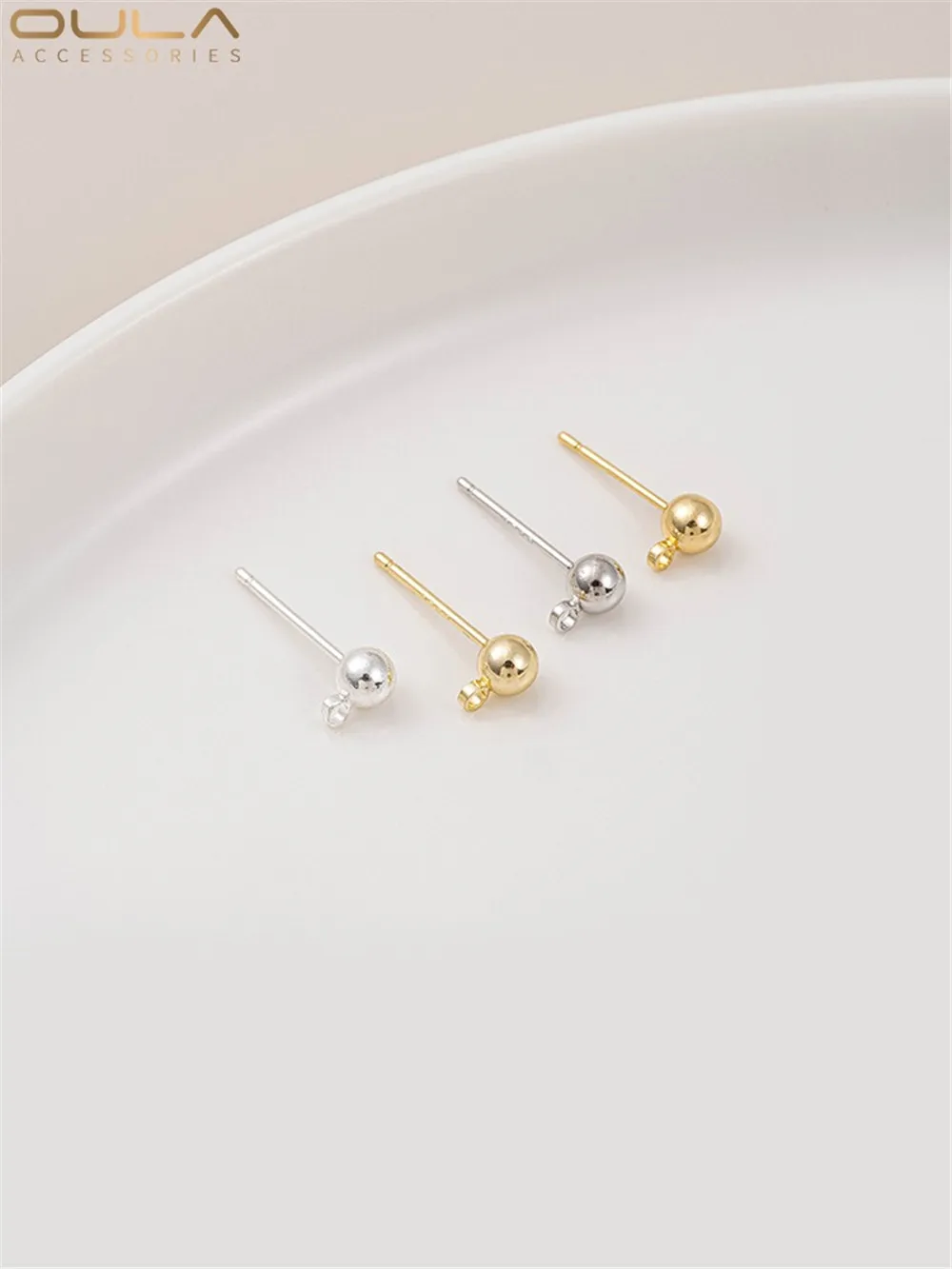 S925 Sterling Silver Plated 18K14K Light Gold with Hanging Ring Peas Earrings Ball Needle Diy Earrings