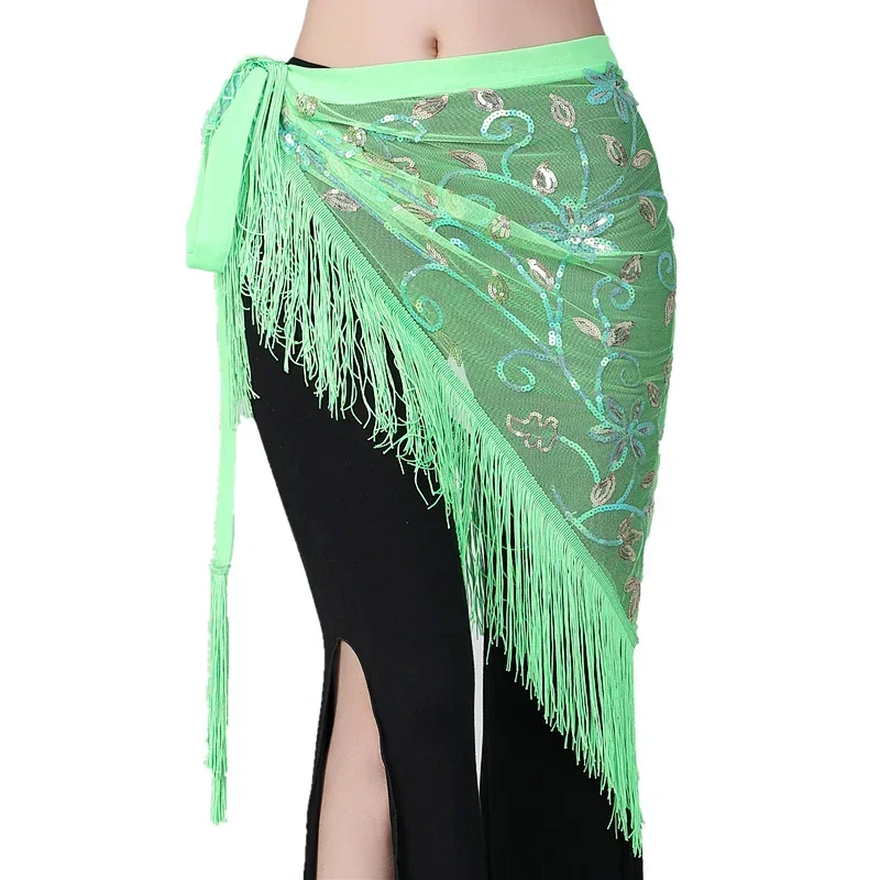 Belly dance suit black mesh base long tassel triangle sequin waistband vest