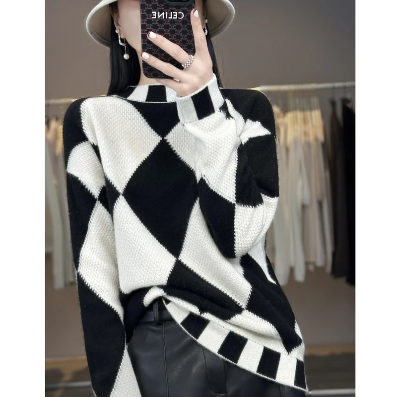 Women's Semi-Turtleneck Cashmere Sweater, Loose Wool Sweater, Diamond Check, Contrast Color, 100%, Fall, Winter, New