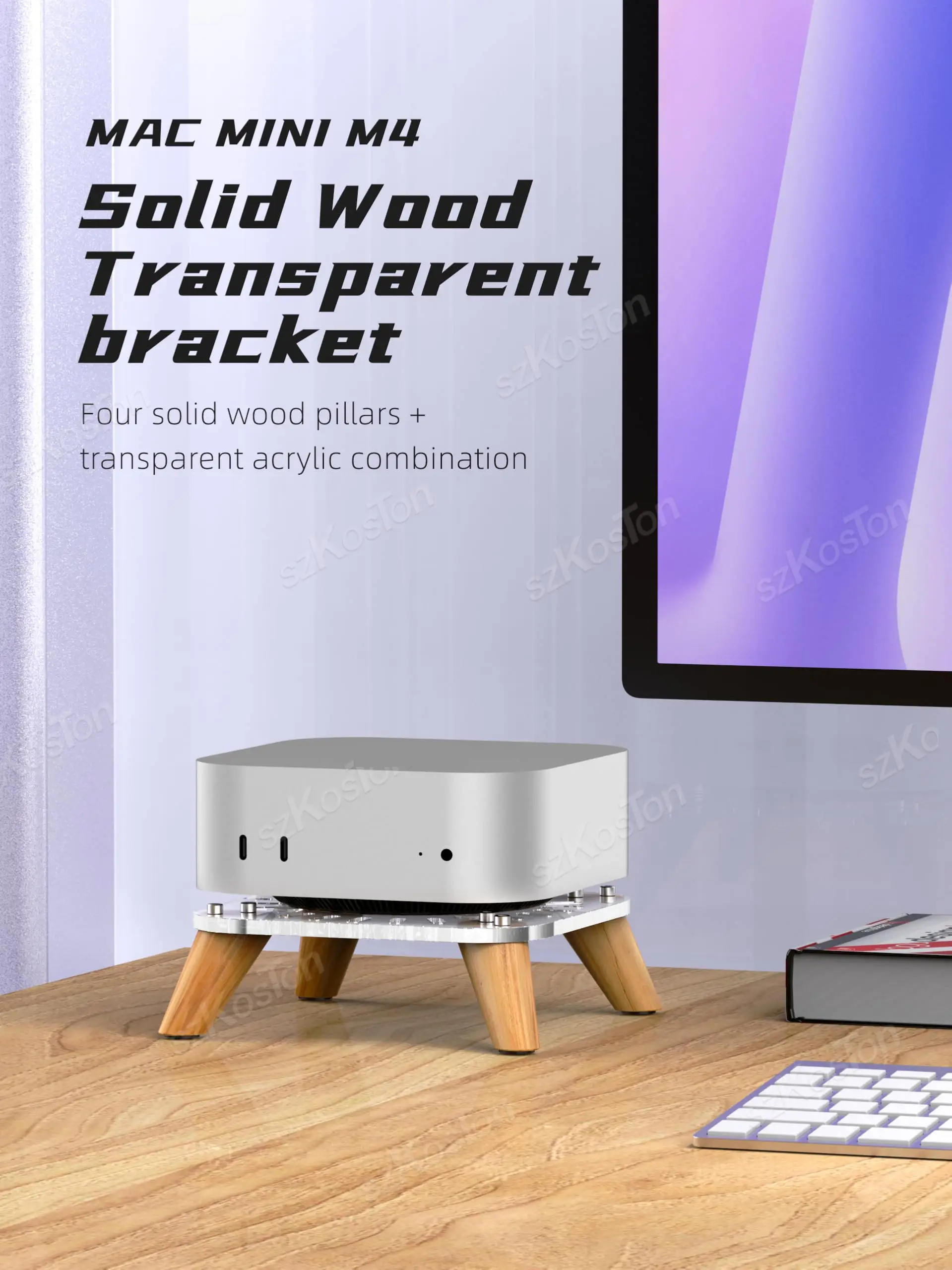 Wooden Transparent Stand for 2024 Mac Mini M4 Desktop Computer Heat Dissipation Base for Mac Mini M4 Pro PC Accessories