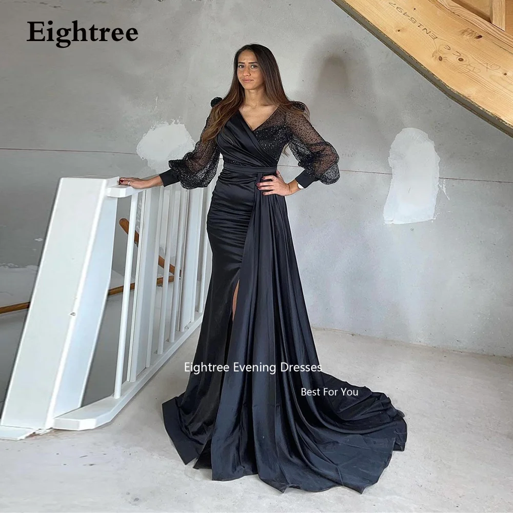 

Eightree Black Glitter Prom Dresses Mermaid Slit Satin Long Sleeves Formal Occasion Dresses Vestidos Para Eventos Especiales