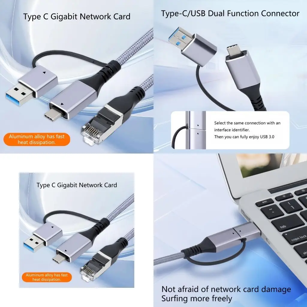 

E56B USB Type C Сетевой адаптер RJ45 Гигабитные провода Соединение Плетеный шнур Plugs And Play