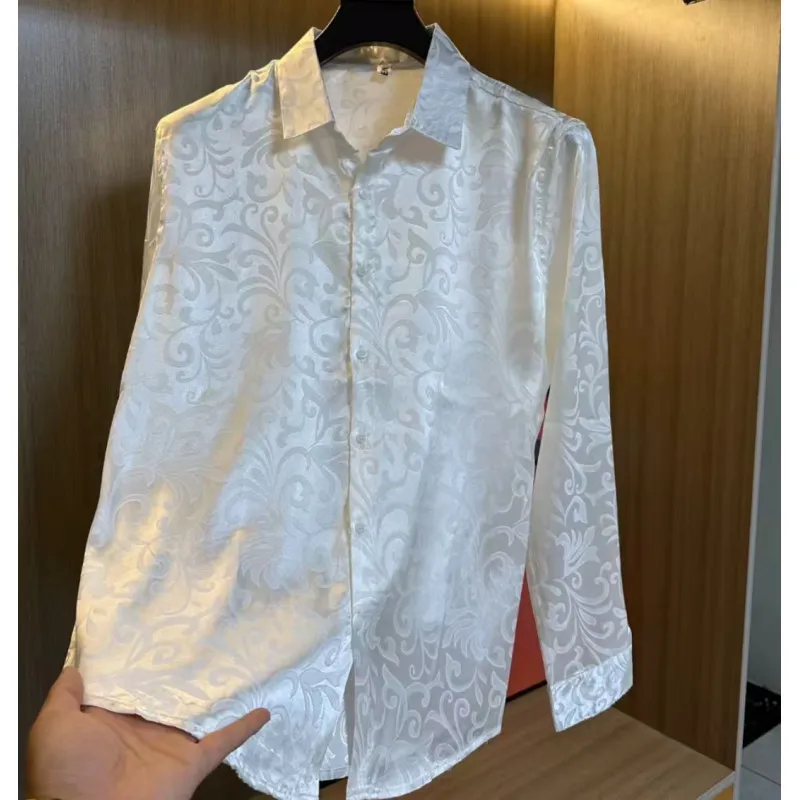 

Spring Jacquard Long Sleeved Shirt for Men Slippery Casual Social Shirts Social Street Wear Loose Men's Shirt Camisa Masculina