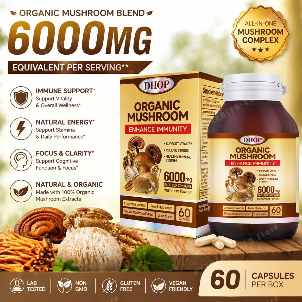 Cápsulas de Hongos Orgánicos 6000mg, Mezcla de Cordyceps, Reishi, Shiitake y Melena de León, Suplemento de 60 Cápsulas, Apoyo Inmunológico Diario