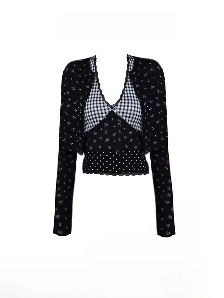

Sexy Black Strap Vest Top Floral Print Two-Piece Set for Women Spring Summer 2025 Korean Style Long Sleeve V-Neck Suit
