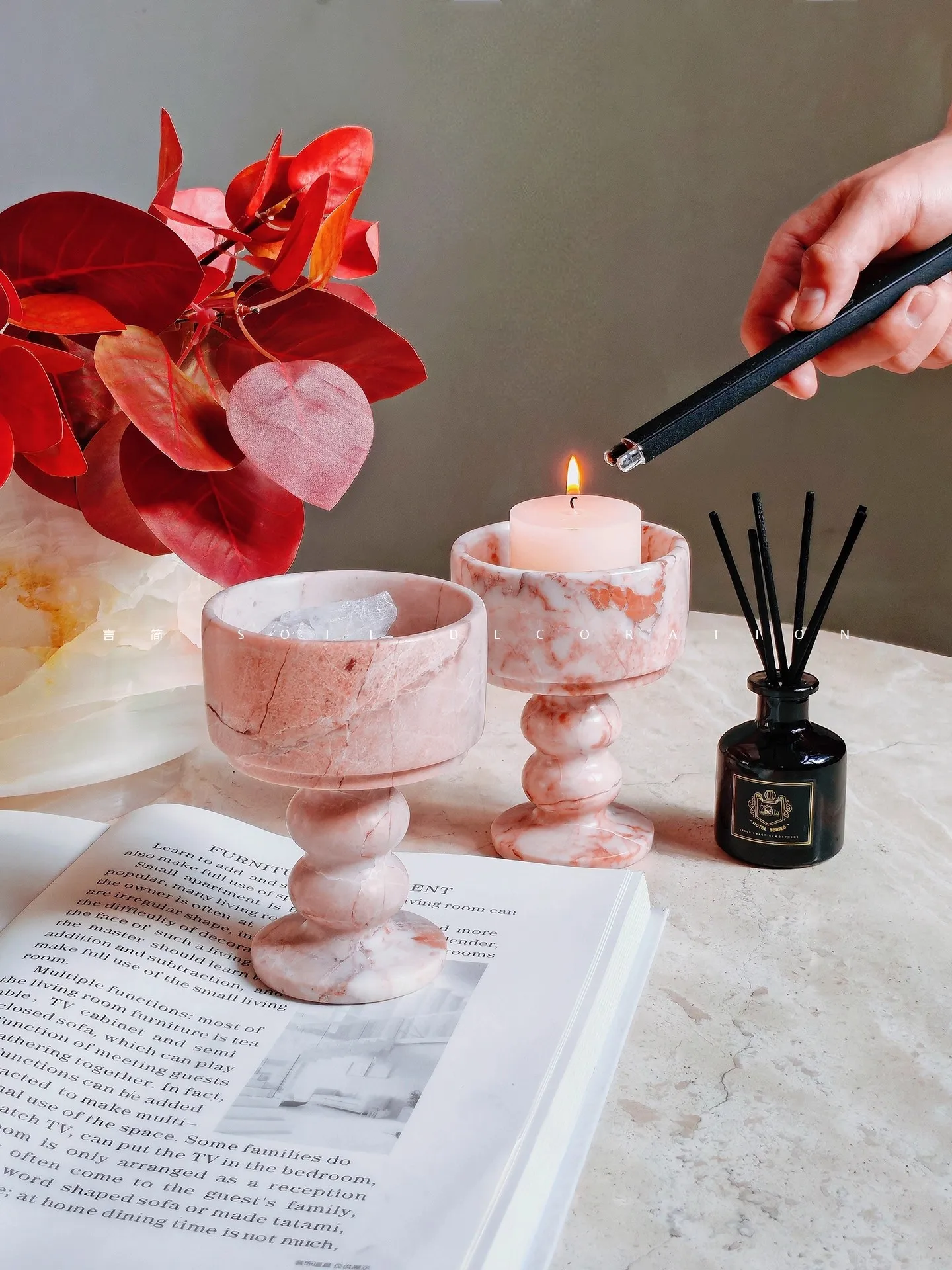 

Light luxury Natural Pink Marble Candlestick Cup Living Room Desktop Advanced Decoration Aromatherapy Aroma Diffuser Candlestick