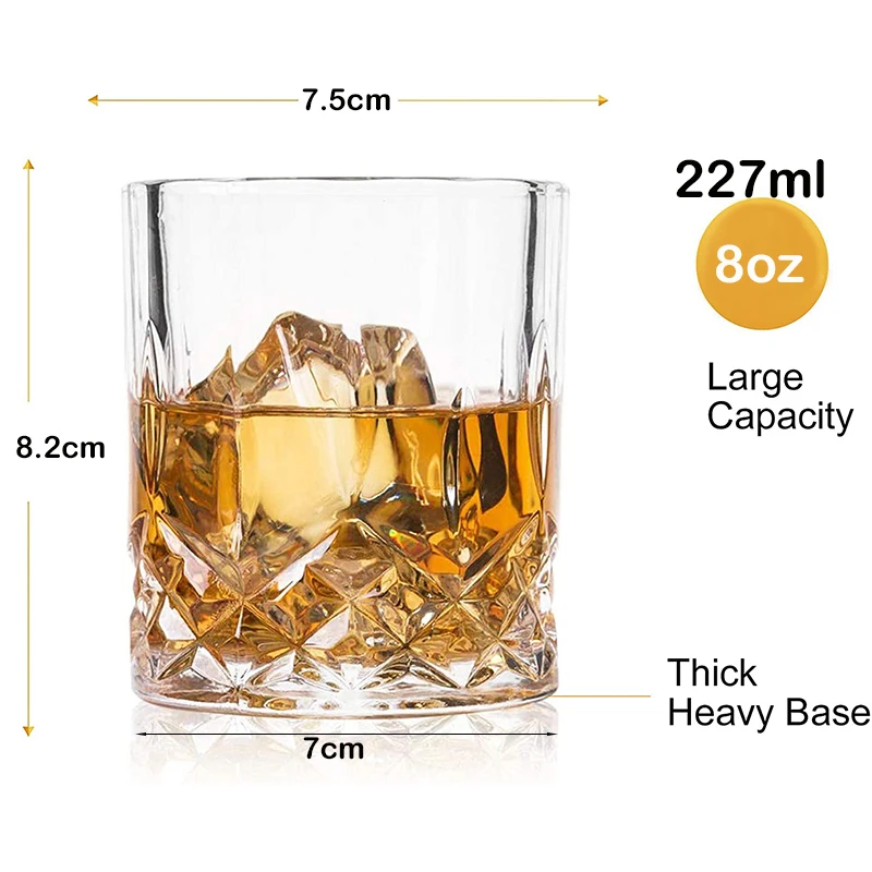 Old Fashioned Whiskey Glasses (Set of 4), 8 Oz Unique Bourbon Glass, Ultra-Clarity Double Old Fashioned Liquor Vodka Bourbon