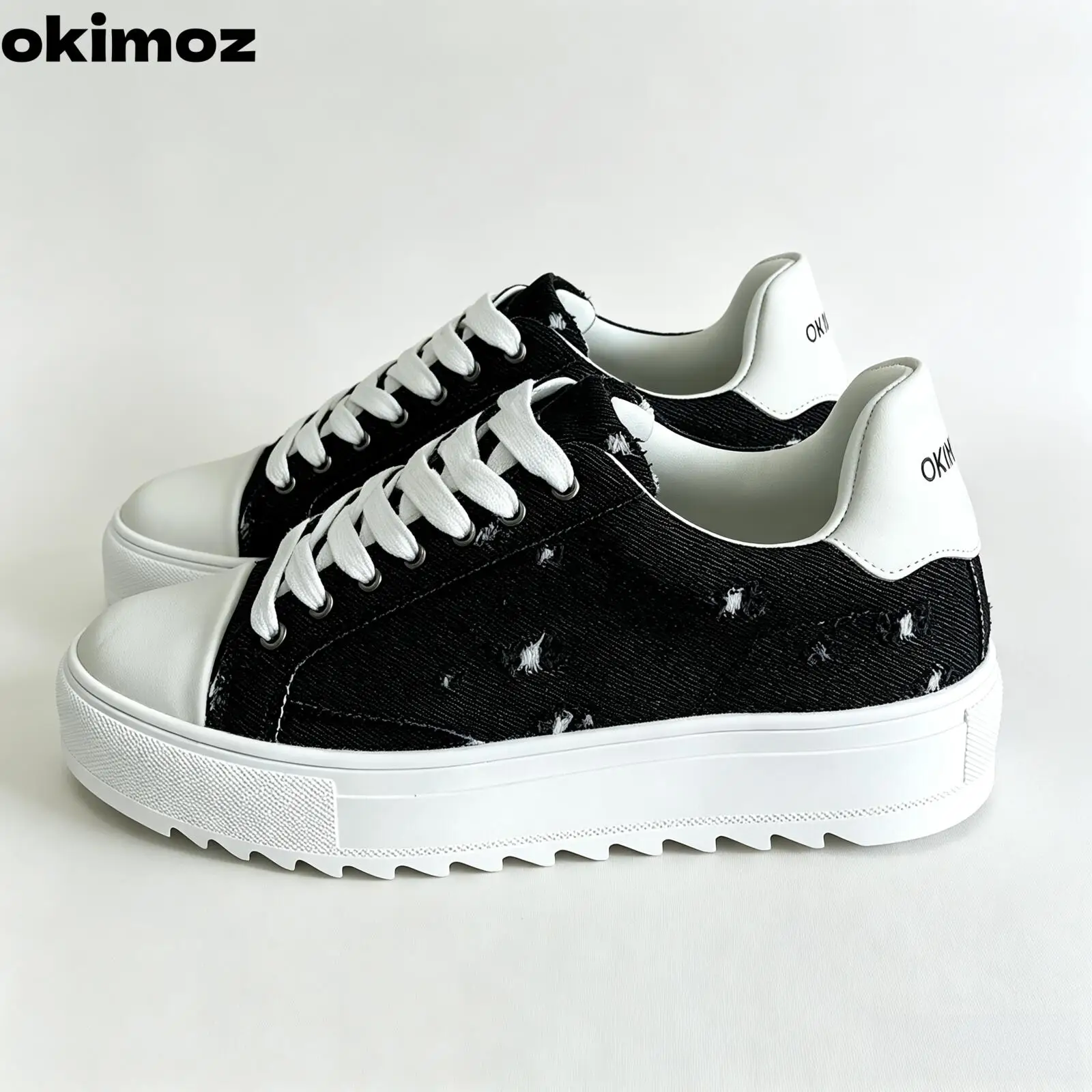 Okimoz Men Height Increasing Distressed Ripped Platform Canvas Sneakers Autumn Winter Low Top Lace Up Casual Campus Daily Skate