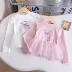 Baby Girls Sweatshirt Kids Splicing Mesh Hoodies Toddler Cartoon Pullover 2024 Spring Autumn 1-6Yrs Children's Clothing Fashion