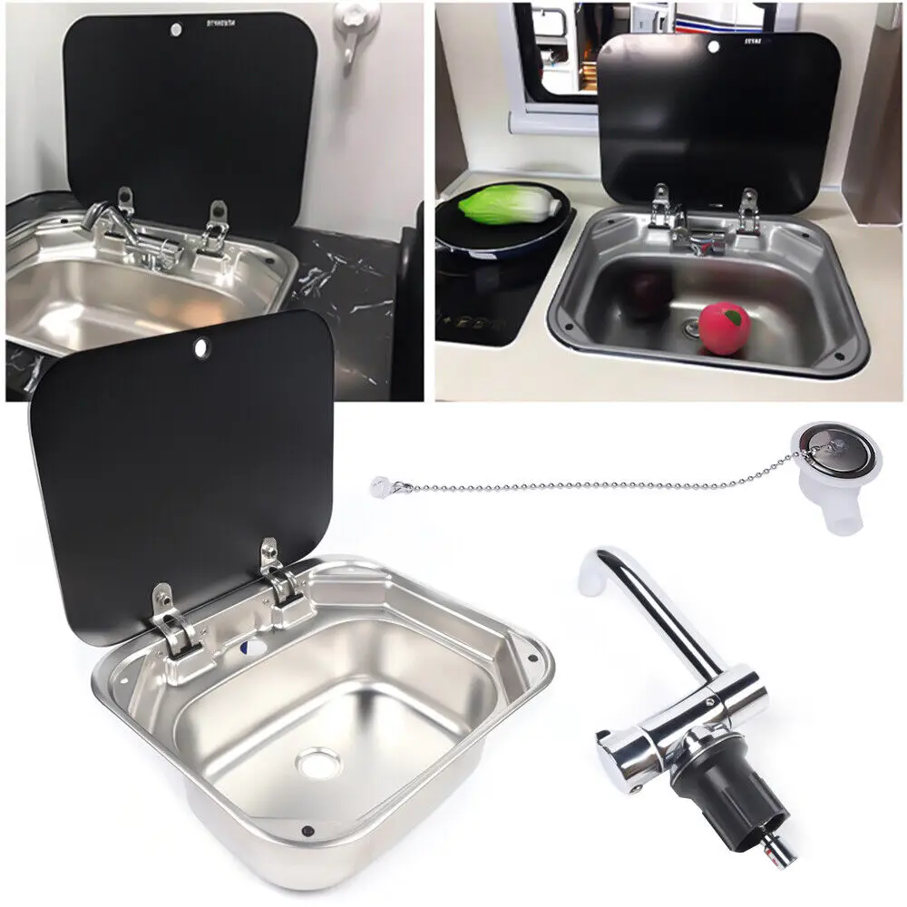 RV Caravan Camper Stainless Steel Basin Sink with Lid & Faucet – Hand Wash Sink