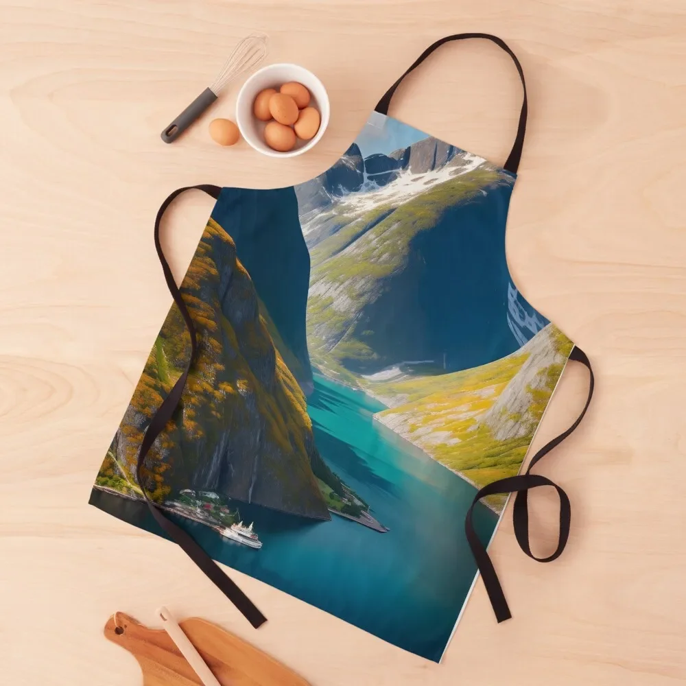 Serenity in Art: Geirangerfjord's Captivating Illustration Apron Kitchen Supplies Waterproof women Apron