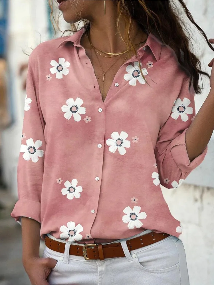 New Women\'s Spring Summer Fashion Floral Print Long Sleeved Sexy Slim Fit Casual Loose Button Lapel Long Sleeved Shirt