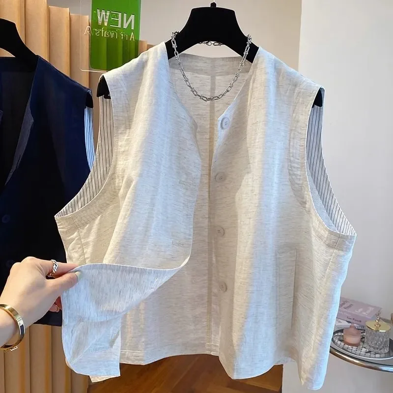 

Women's Linen Cotton V-Neck Vest Summer Loose Breathable Sleeveless Casual Waistcoat