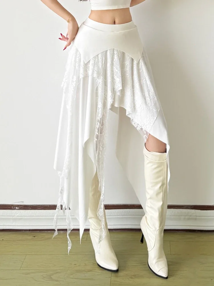 

Y2k Aesthetic Lace Patchwork Irregular Skirts Women High Waist Fake Two Pieces A-Line Skirt Harajuku Punk Grunge Fairy Faldas