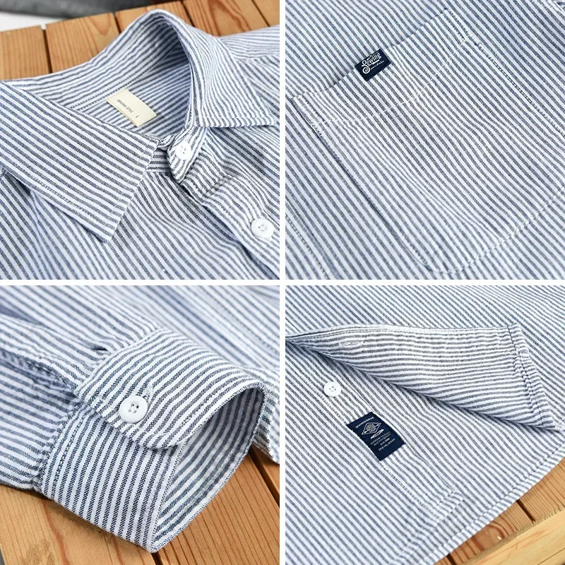 

Spring Fall Long Sleeve Striped Shirt Men Daily Casual Shirts Lapel Pocket Pure Cotton Loose Shirt Japanese Fashion Mens Shirts